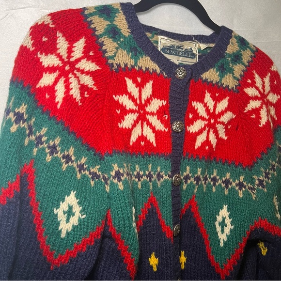Vintage 90s Seychelle Blue Red Fair Isle Nordic Heavy Wool Hand Knit Cardigan M - Picture 5 of 12